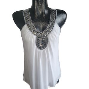 Peridot Light Grey Sleeveless Chiffon Top with Beaded Neckline M